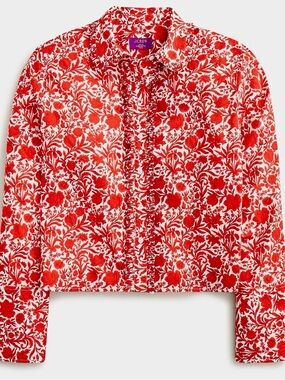 J.Crew Liberty London Size 10 Garcon Red Floral Ruffle Crop Buttondown Shirt Top